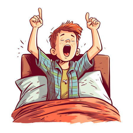 Vector illustration of a young man in bed screaming and pointing up.の素材