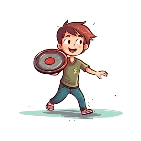 Cartoon boy playing with a big round shield. Vector illustration.の素材