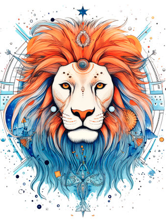 Lion head with indian headdress. Hand drawn vector illustration.の素材
