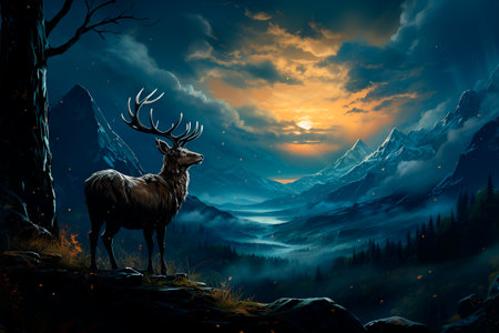 Fantasy landscape with a deer in the mountains. Digital painting.の素材