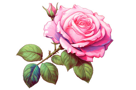 Pink rose with green leaves isolated on white background. watercolor illustrationの素材