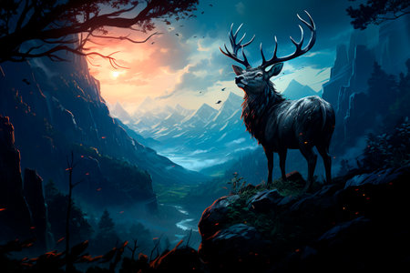 Fantasy landscape with deer in the forest. 3D illustration.の素材
