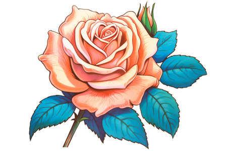 Illustration of an orange rose with blue leaves on a white backgroundの素材