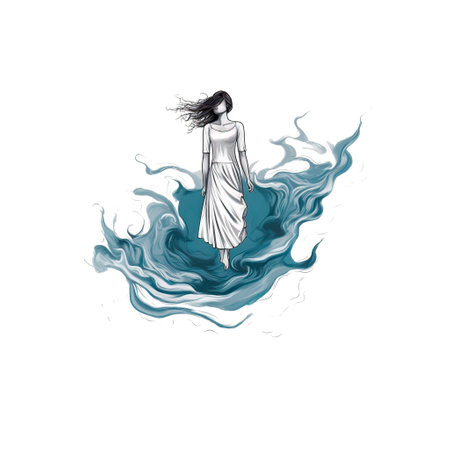 Illustration of a woman in a long white dress with a flying hair.の素材