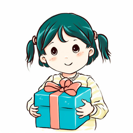 Illustration of a girl holding a gift box on a white backgroundの素材