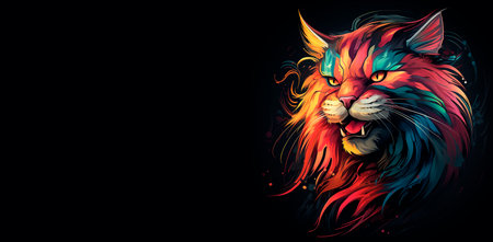 Colorful tiger head on a black background with space for text.の素材
