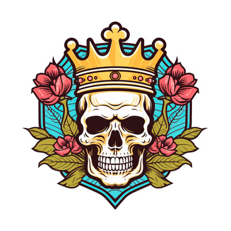 Skull with crown and flowers. Vector illustration in vintage style.の素材