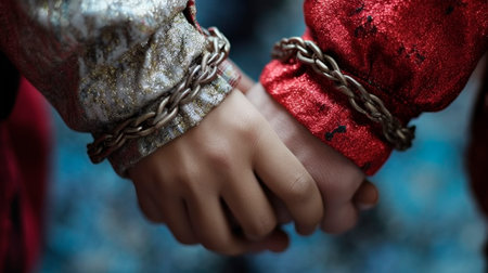 Close-up image of a man and a woman's hands in handcuffs.の素材