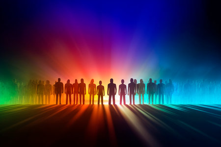 Group of business people standing in front of colorful light rays. 3d renderingの素材