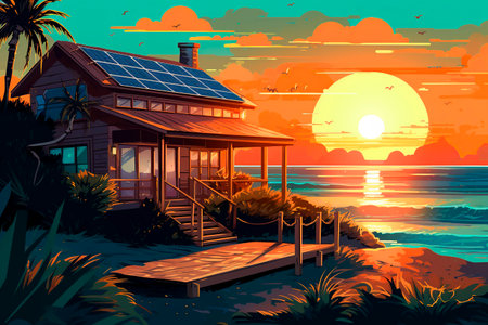 House with solar panels on the beach at sunset. Vector illustration.の素材