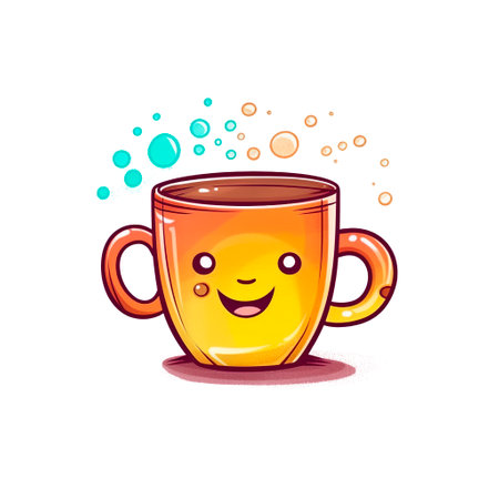 Cute cartoon cup of tea with smiling face. Vector illustration.の素材