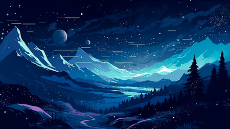 Night landscape with mountains, forest, moon and stars. vector illustrationの素材