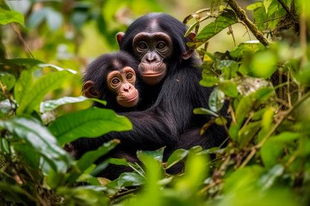 Chimpanzee baby and mother in the jungle. Natural habitat. Democratic Republic of Congo. Africaの素材