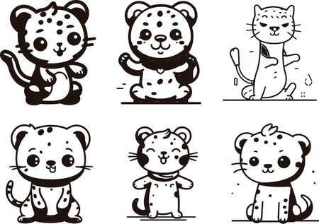 Set of Cute Cartoon Cheetah Animal Characters - Vector Illustrationのイラスト素材