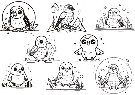Set of cute cartoon birds. Vector illustration. Black and white.のイラスト素材