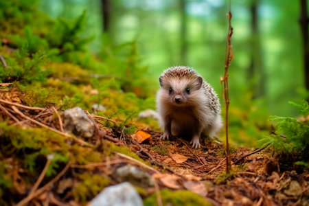 Hedgehog in the forest. Wild, native, European or African pygmy hedgehog (Scientific name: Erinaceus Europaeus)の素材