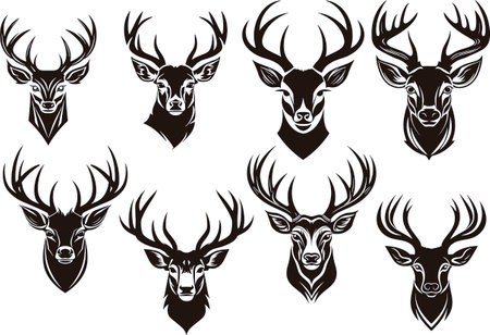 Deer heads. Set of black and white vector illustrations for tattoo.のイラスト素材