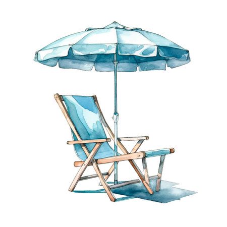 Beach chair with umbrella. Hand drawn watercolor illustration isolated on white backgroundの素材