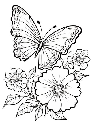 Butterfly and flowers. Coloring book page for adults.の素材