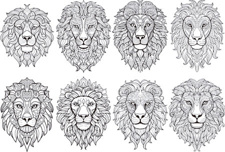 Lion head set. Hand drawn vector illustration in black and white.のイラスト素材