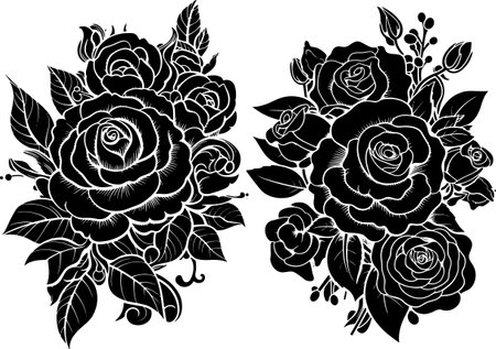 Black and white roses with leaves. Vector illustration for your design.のイラスト素材