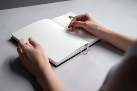 Close-up of a female hands holding a pen and a notebookの素材