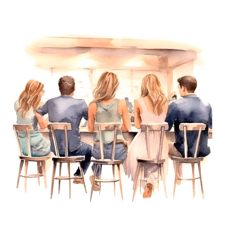 Group of young people sitting at the bar. Watercolor hand drawn illustrationの素材