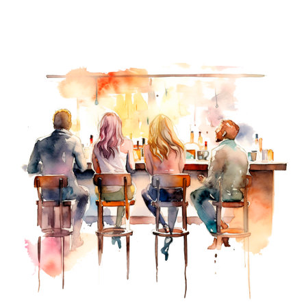 Group of people sitting at the bar. Watercolor hand drawn illustrationの素材