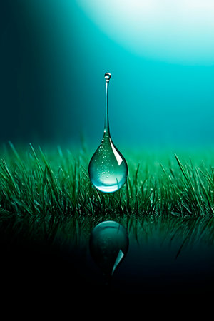 Water drop on green grass with reflection on dark background. Water drop in the grassの素材
