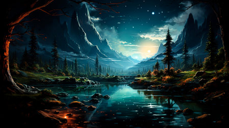 Fantasy landscape with mountain lake and forest at night. illustrationの素材