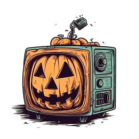 Pumpkin Jack O' Lantern with old TV. Hand drawn vector illustration.の素材