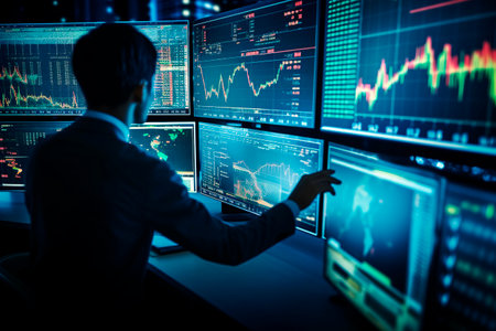 Businessman analyzing stock market data on multiple computer screens. Investment and trading concept.の素材