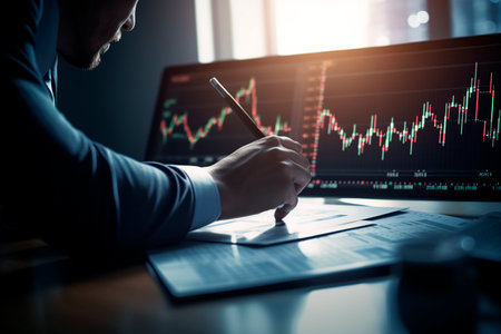 Businessman analyzing investment charts with computer. Accounting and financial concept.の素材