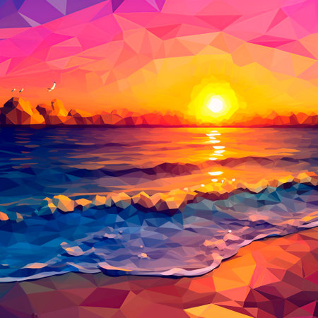 Beautiful sunset over the sea. Colorful polygonal illustration.の素材