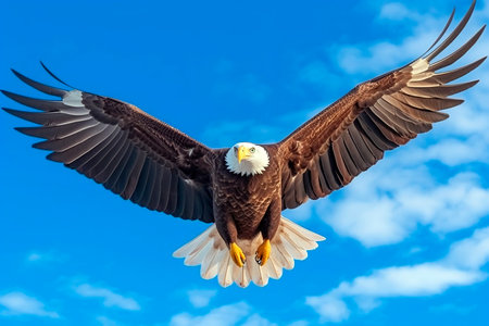 Bald Eagle in flight against a blue sky with white clouds.の素材