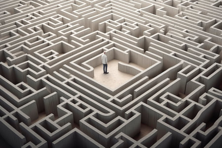 Businessman standing in a middle of a maze and looking at the exitの素材