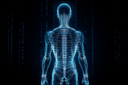 Human body made of wireframe, x-ray image on dark backgroundの素材