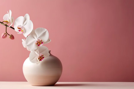 White orchid in vase on a pink background. Copy space.の素材
