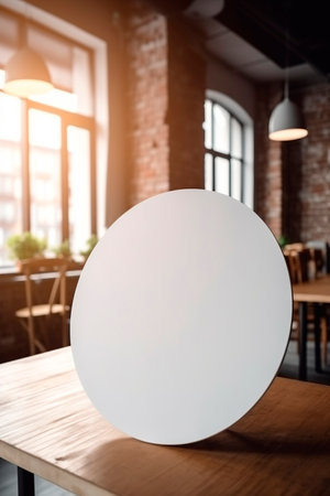 Blank round white sign on wooden table in cafe. Mock upの素材