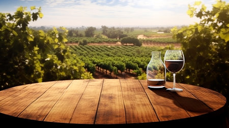 Two glasses of red wine on wooden table in vineyard. Toned imageの素材