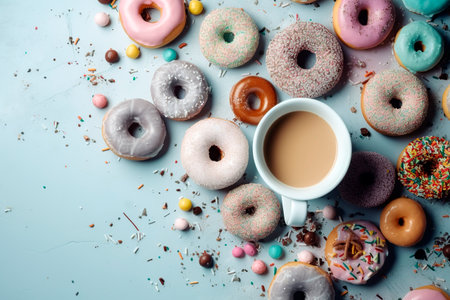 Cup of coffee and donuts on blue background, top viewの素材