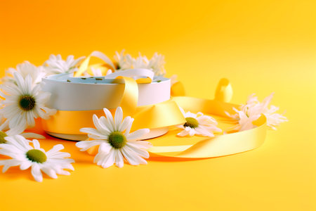 White chamomile flowers and candles on orange background. Spring concept.の素材