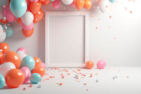 3d render of white frame with balloons and confetti on white backgroundの素材