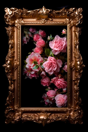 Vintage frame with pink roses on black background. Studio shot.の素材