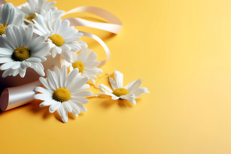 Bouquet of white daisies on a yellow background.の素材