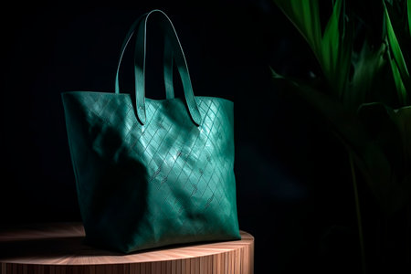 Green shopping bag on a wooden shelf in a dark room with green plants.の素材