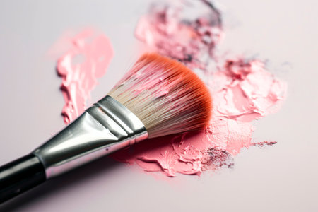 Make-up brush and pink eyeshadow on a white backgroundの素材