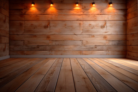 Empty room with wooden wall and floor illuminated by spotlights. 3D Renderingの素材