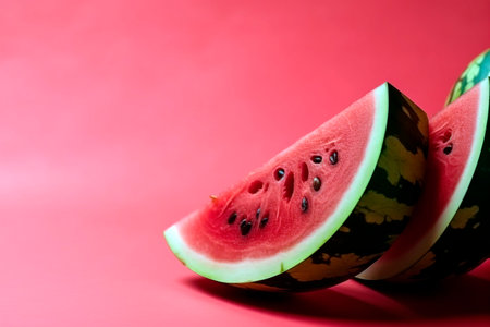 Slices of watermelon on a red background with copy spaceの素材