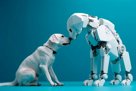 Cute dog and robot on blue background. Artificial intelligence concept.の素材